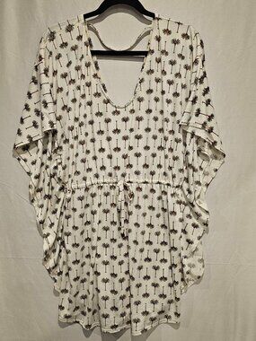 Women's Resort Cover Up Dress Size M White Palm Print Beach Short